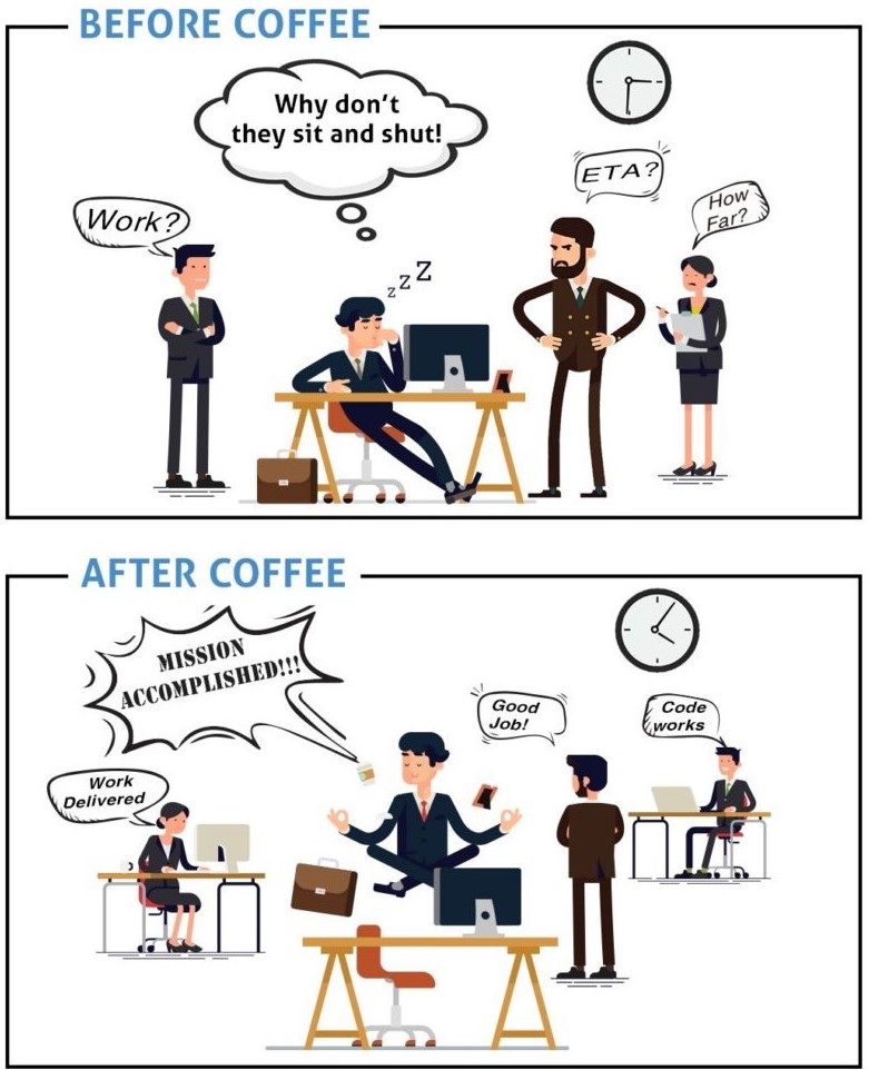 Programmers joke with coffee