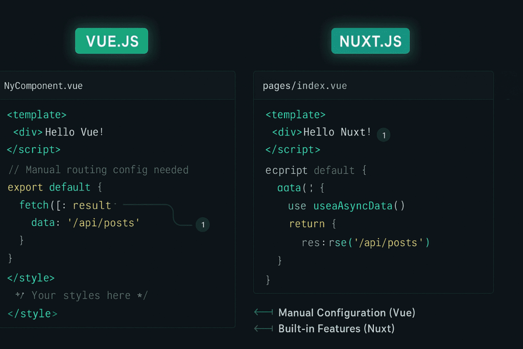 Code comparison: Vue.js component code vs Nuxt.js implementation comparison example