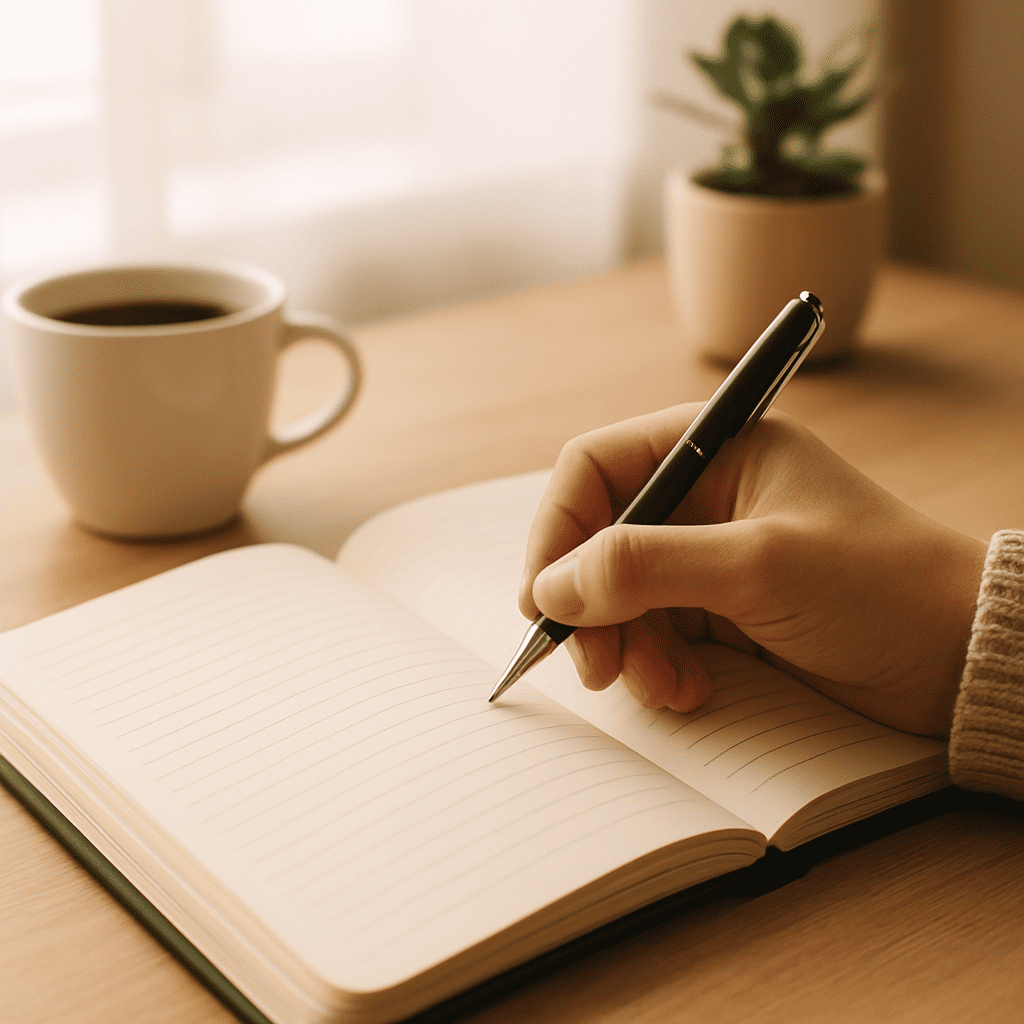 A person writing in a journal with a coffee cup, laptop, and plants nearby, symbolizing productive journaling techniques